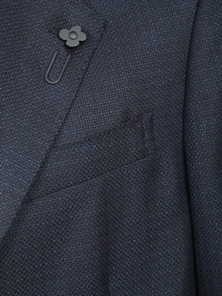 Lardini Oxford Blue Blazer With Classic Lapels And Decorative Floral Pin