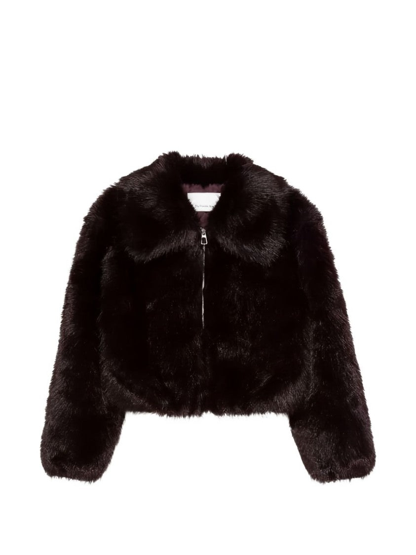 The Frankie Shop Black Cropped Zipper Classic Collar Faux Fur Coat