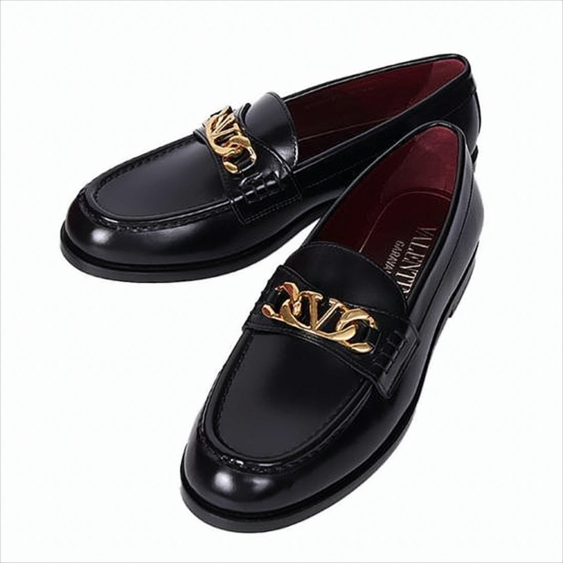 Valentino Garavani Polished Black Leather Loafers With Gold-Tone Chain Detail
