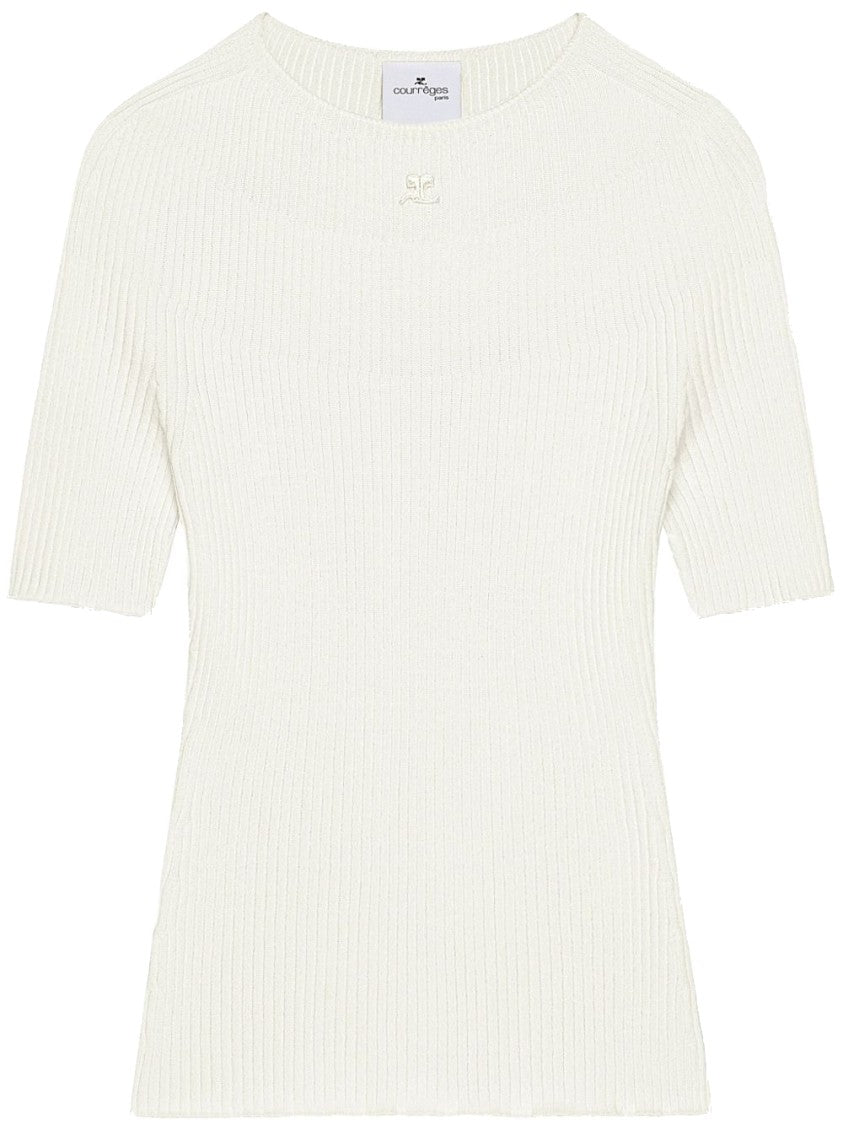 Courrèges White Embroidered Logo Round Neck Top