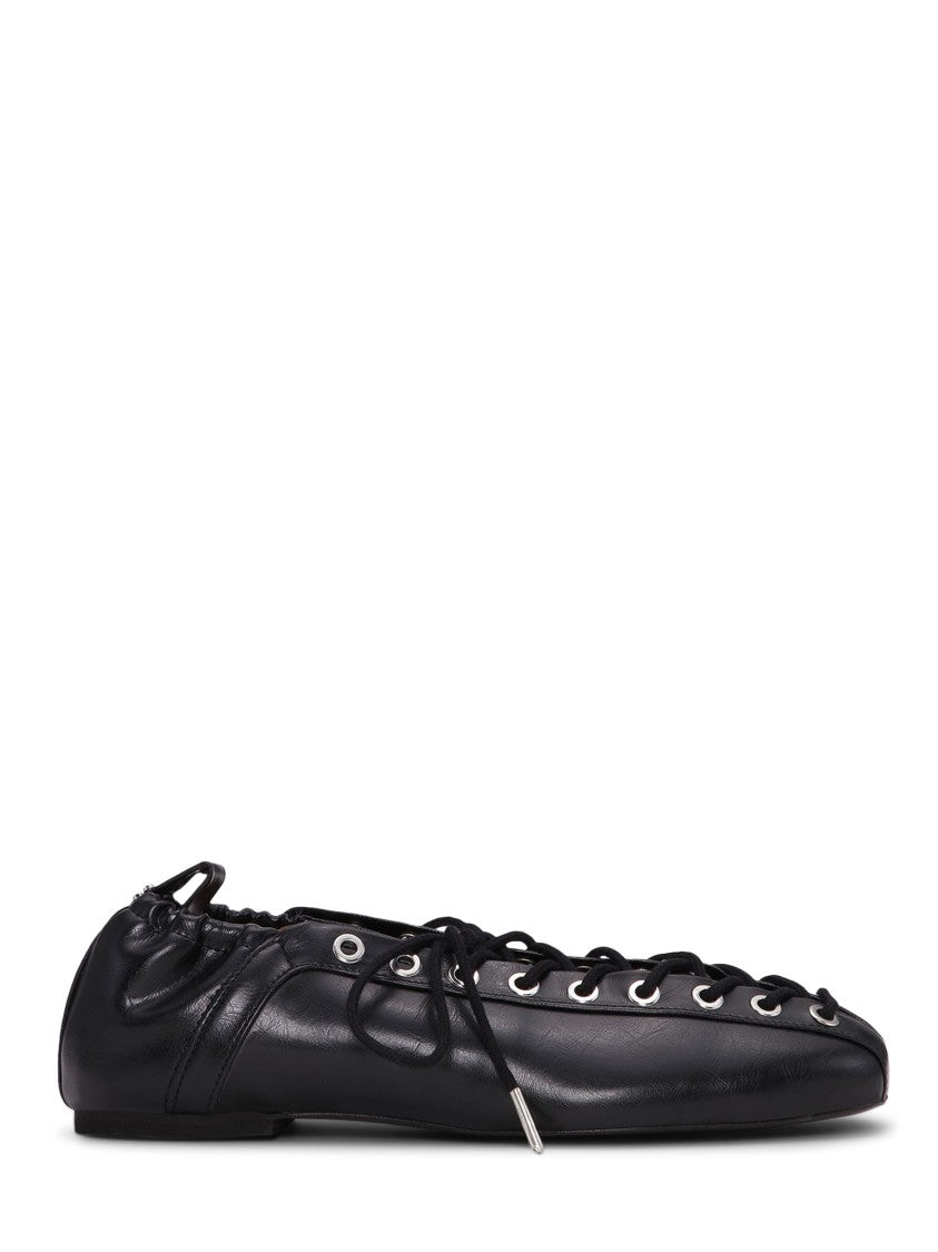 Ganni Eyelets Lace-Up Ballerina Flats With Crinkle Oleatex Finish