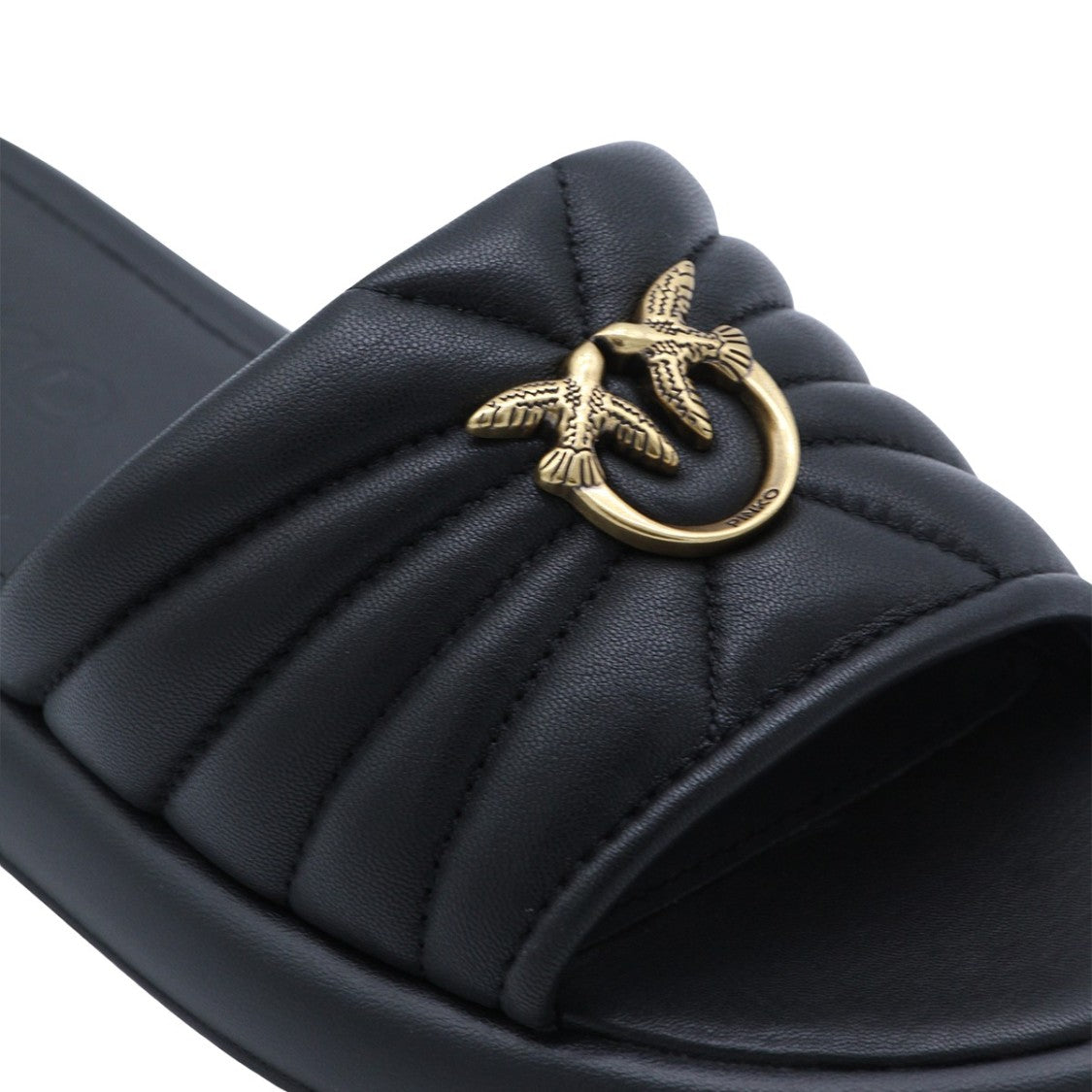 Pinko Black Flats With Padded Quilted Strap And Decorative Emblem