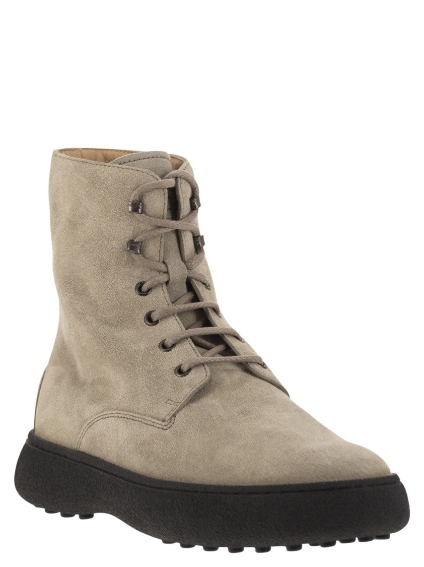 Tod's Ankle Suede Lace-Up Boot With Iconic Rubber Sole
