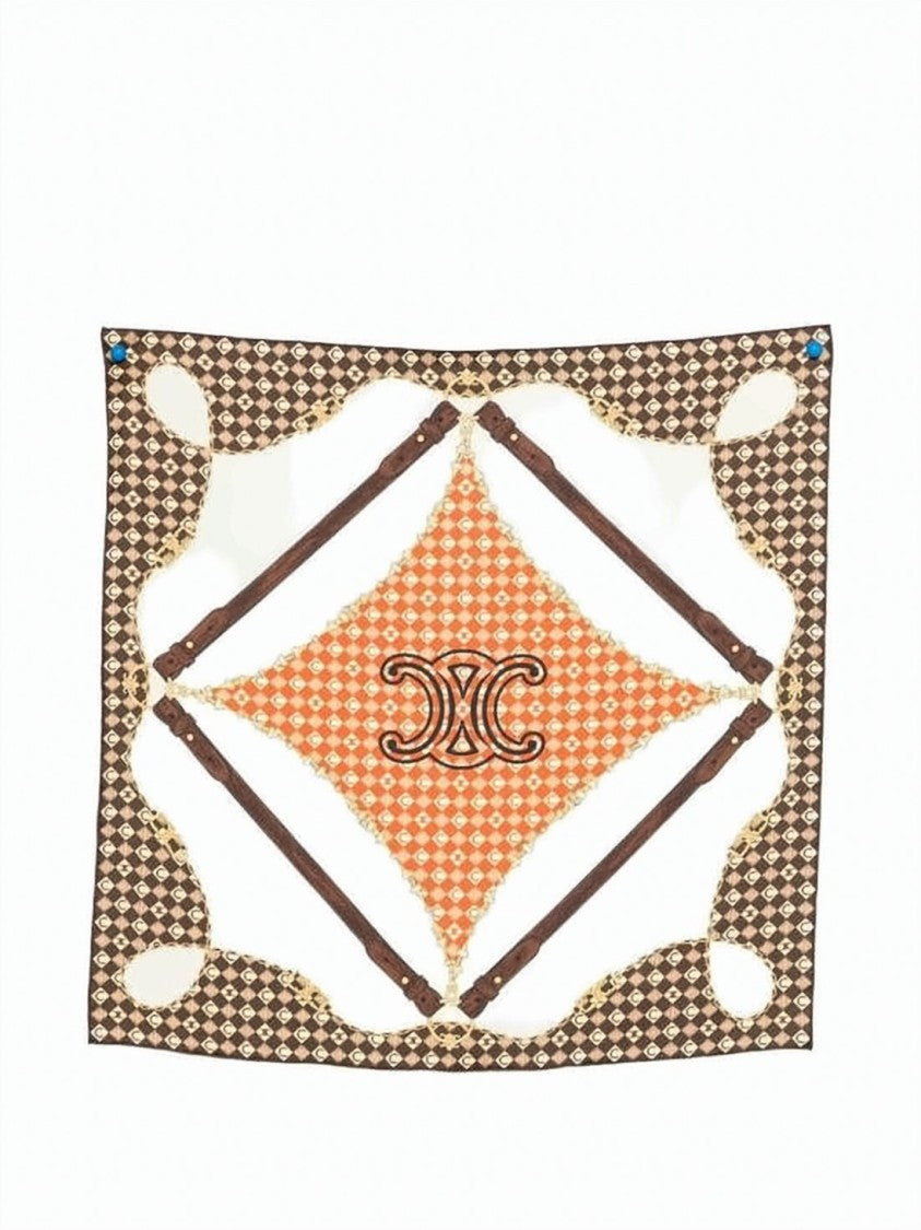 Celine Silk Scarf With Diamond Pattern And Gold Chain Detail