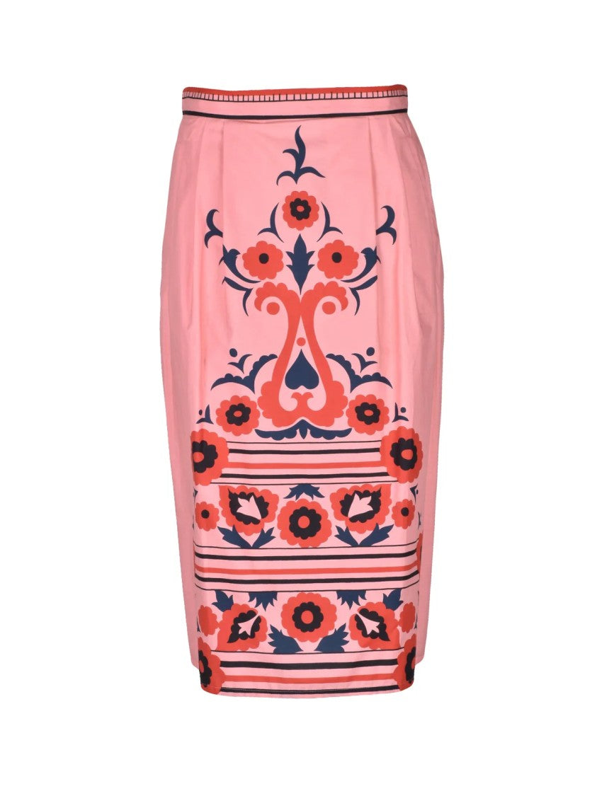 Hache Pink Bold Floral Printed Cotton Midi Skirt