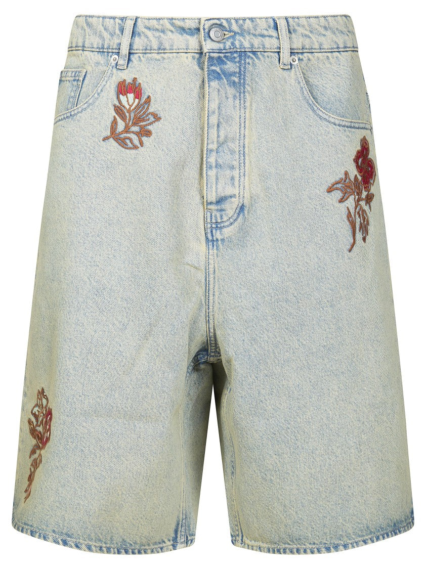 Drôle De Monsieur Light Wash Floral Embroidered Shorts