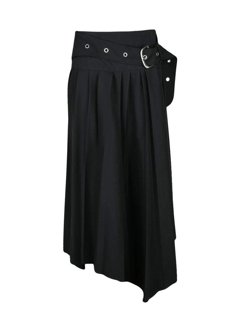 Off-White Asymmetric Pleated Black Skirt With Wide Waistband And Snap Closure