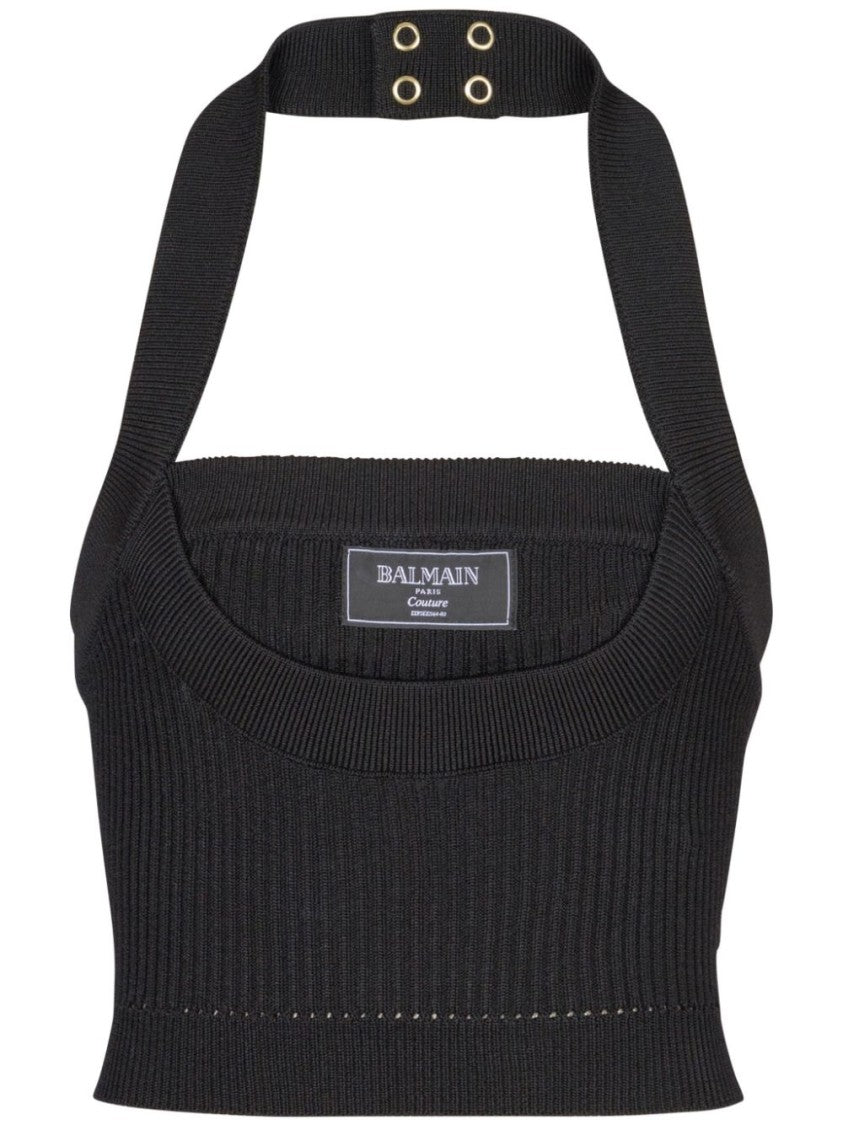 Balmain Black Ribbed Texture Halter Top