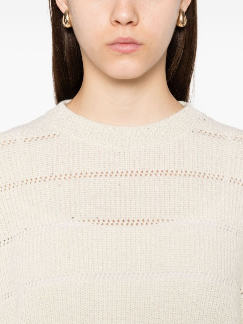 Brunello Cucinelli Relaxed Fit Cropped Sweater With Open-Knit Stripe Pattern