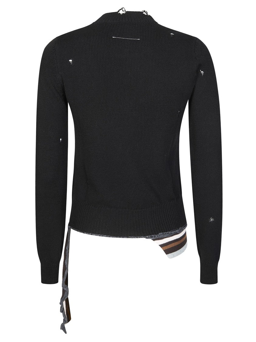Mm6 By Maison Margiela Black Crew Neck Distressed Ribbed Sweater