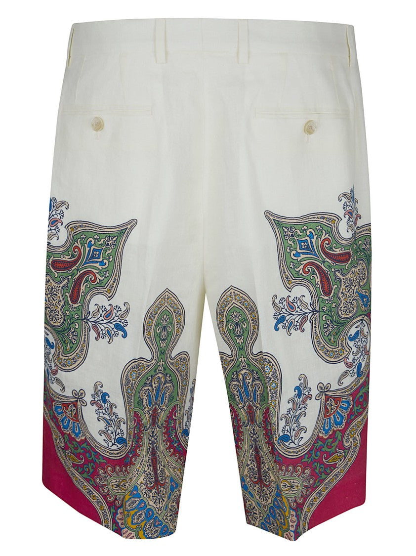 Etro Linen Shorts With Paisley Print And Floral Accents