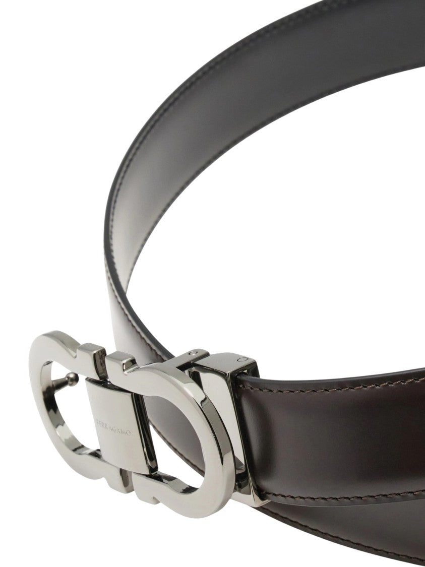 Ferragamo Reversible Leather Belt With Polished Double Gancini Buckle