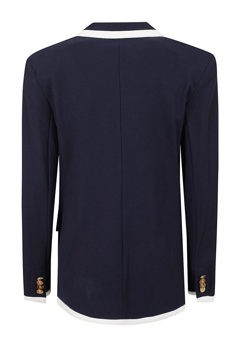 Lauren Double-Breasted Stretch Cotton Piqué Blazer With Contrasting Piping