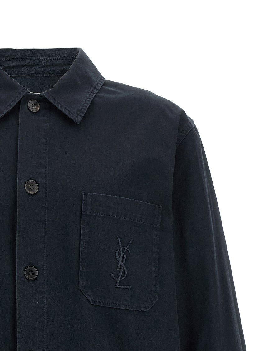 Saint Laurent Cotton Overshirt With Pointed Collar And Embroidered Logo