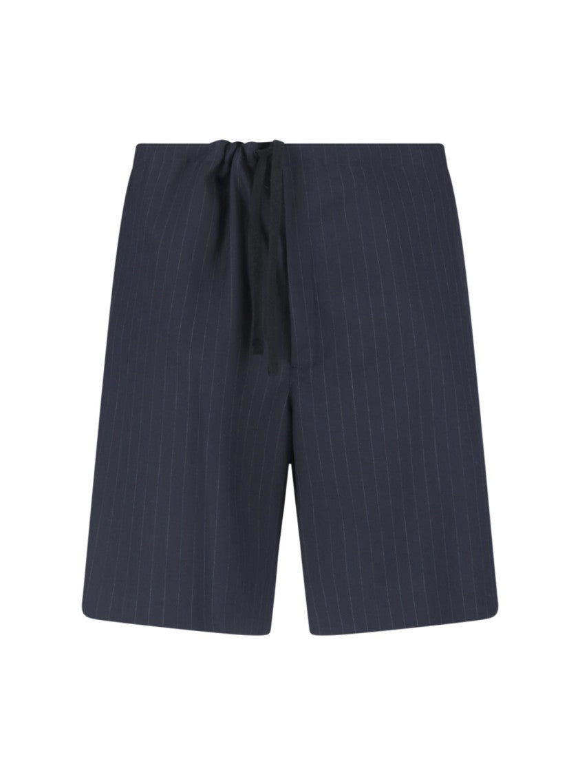 Kaptain Sunshine Navy Blue Pinstripe Mid-Rise Wool Shorts