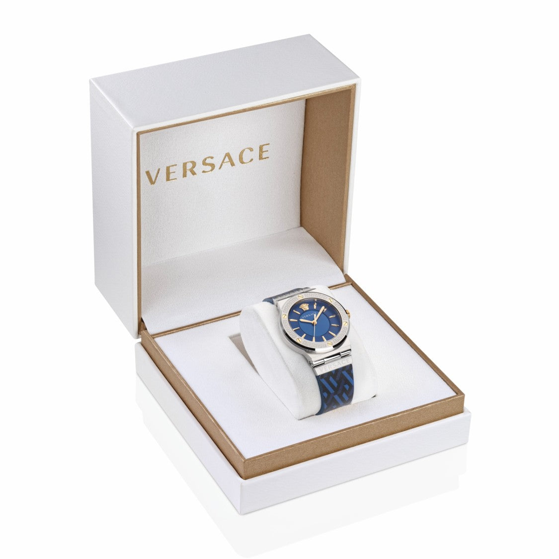 Versace Greca Logo 38Mm Quartz Watch With Blue Dial And Leather Strap