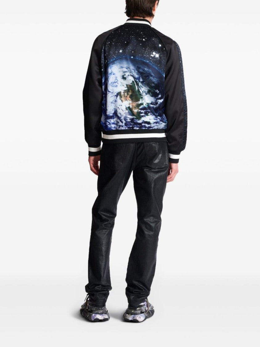 Balmain Black Graphic Earth Print Bomber Jacket