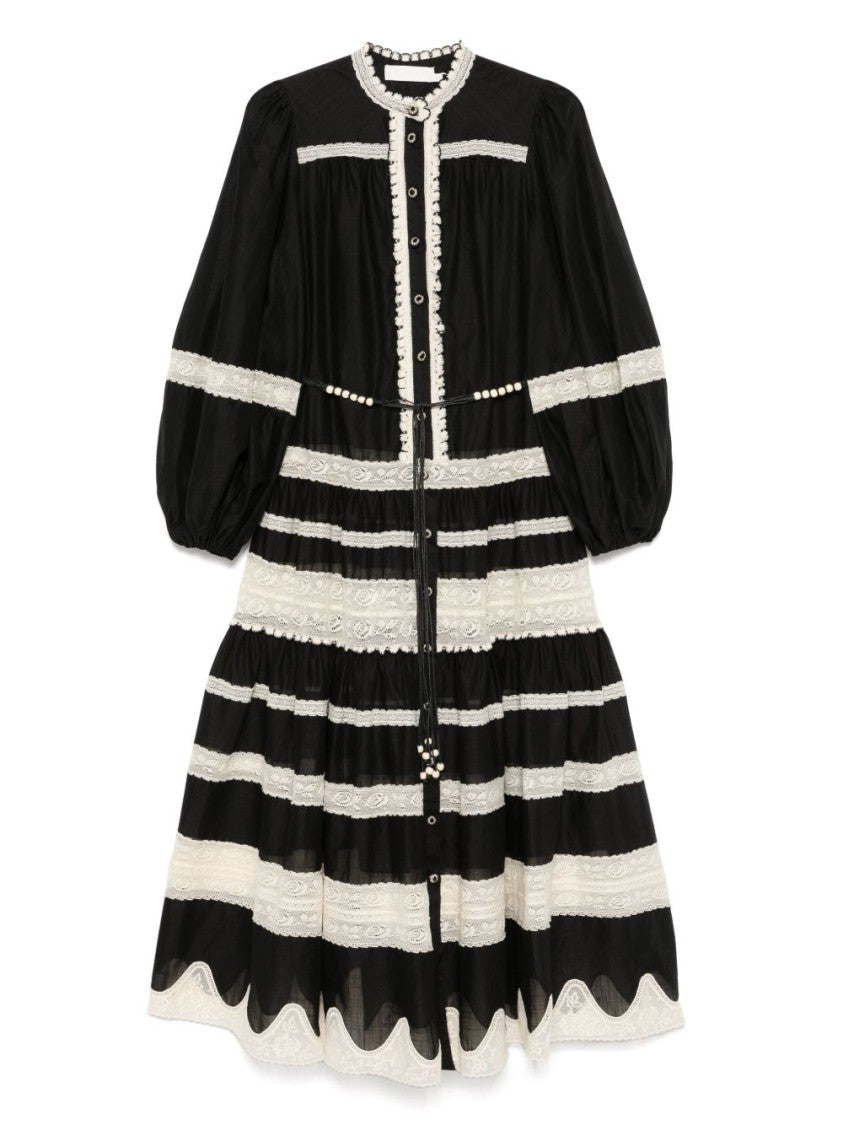 Zimmermann Black And White Striped Midi Dress With Puff Sleeves