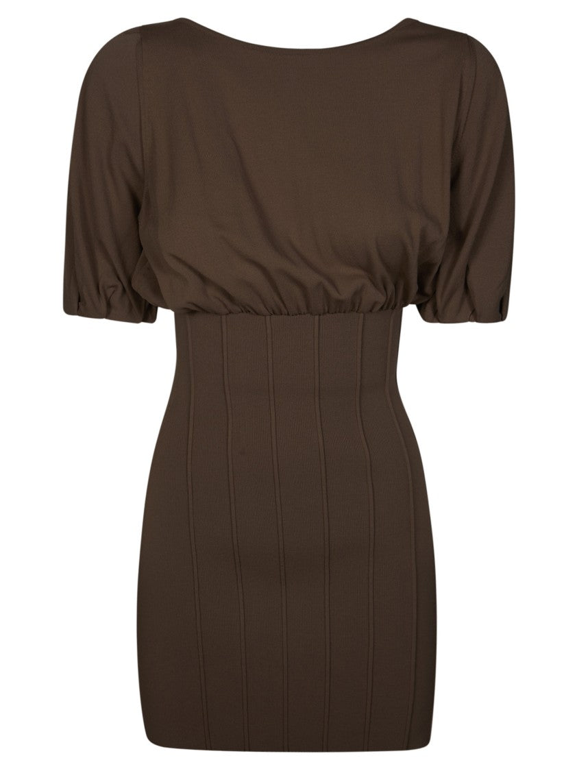 Elisabetta Franchi Rich Brown Puffed Sleeve Mini Dress