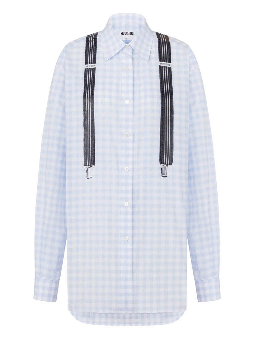 Moschino Light Blue Gingham Check Cotton Long-Sleeved Shirt