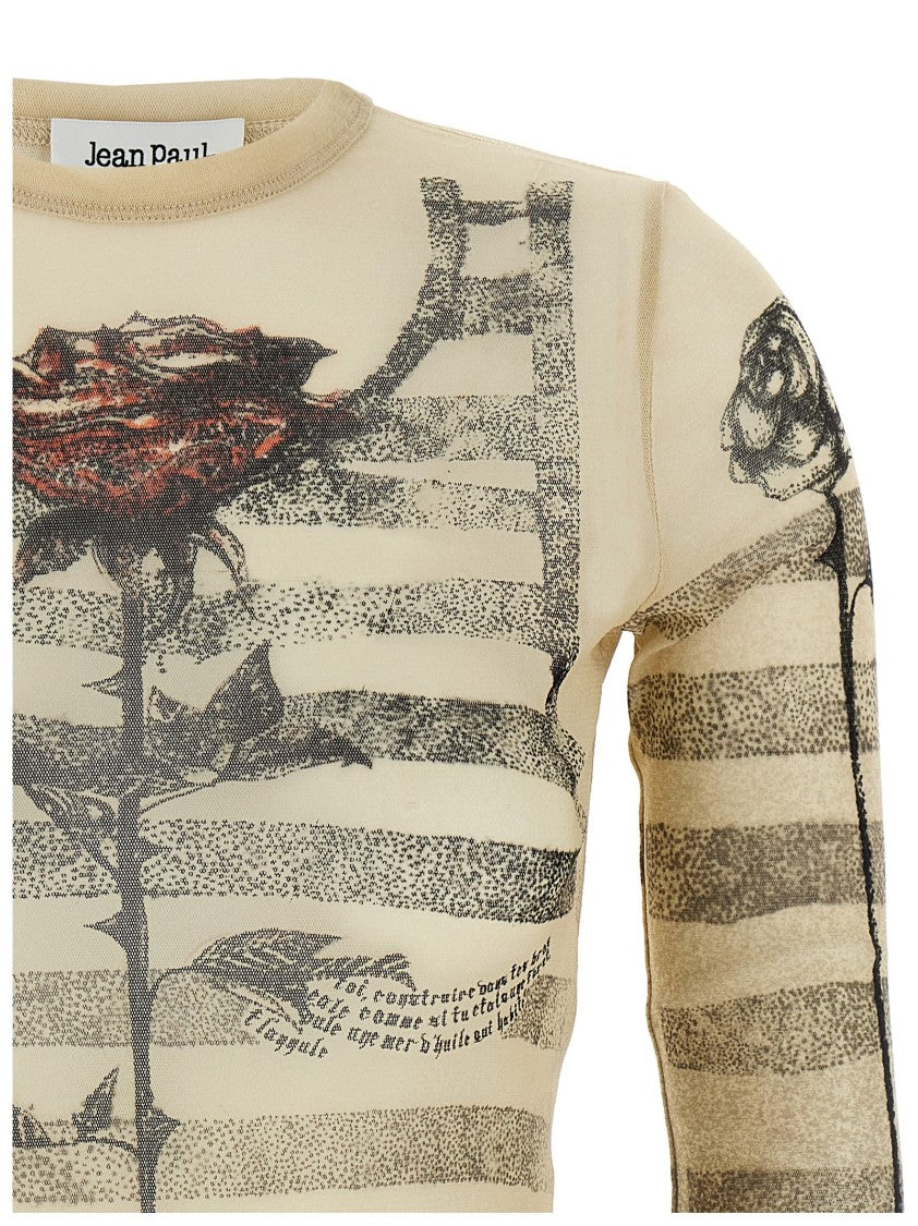 Jean Paul Gaultier Printed Stretch Tulle Top With Crew Neck