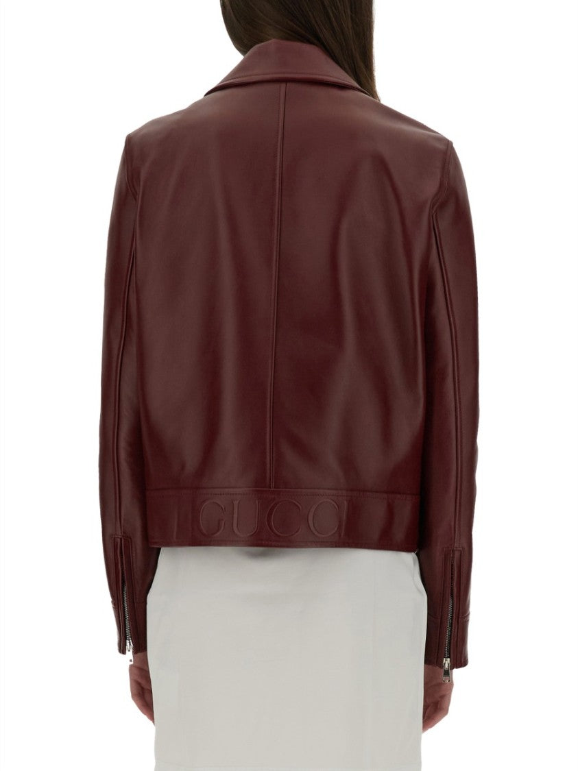 Gucci Classic Burgundy Leather Biker Jacket With Structured Fit