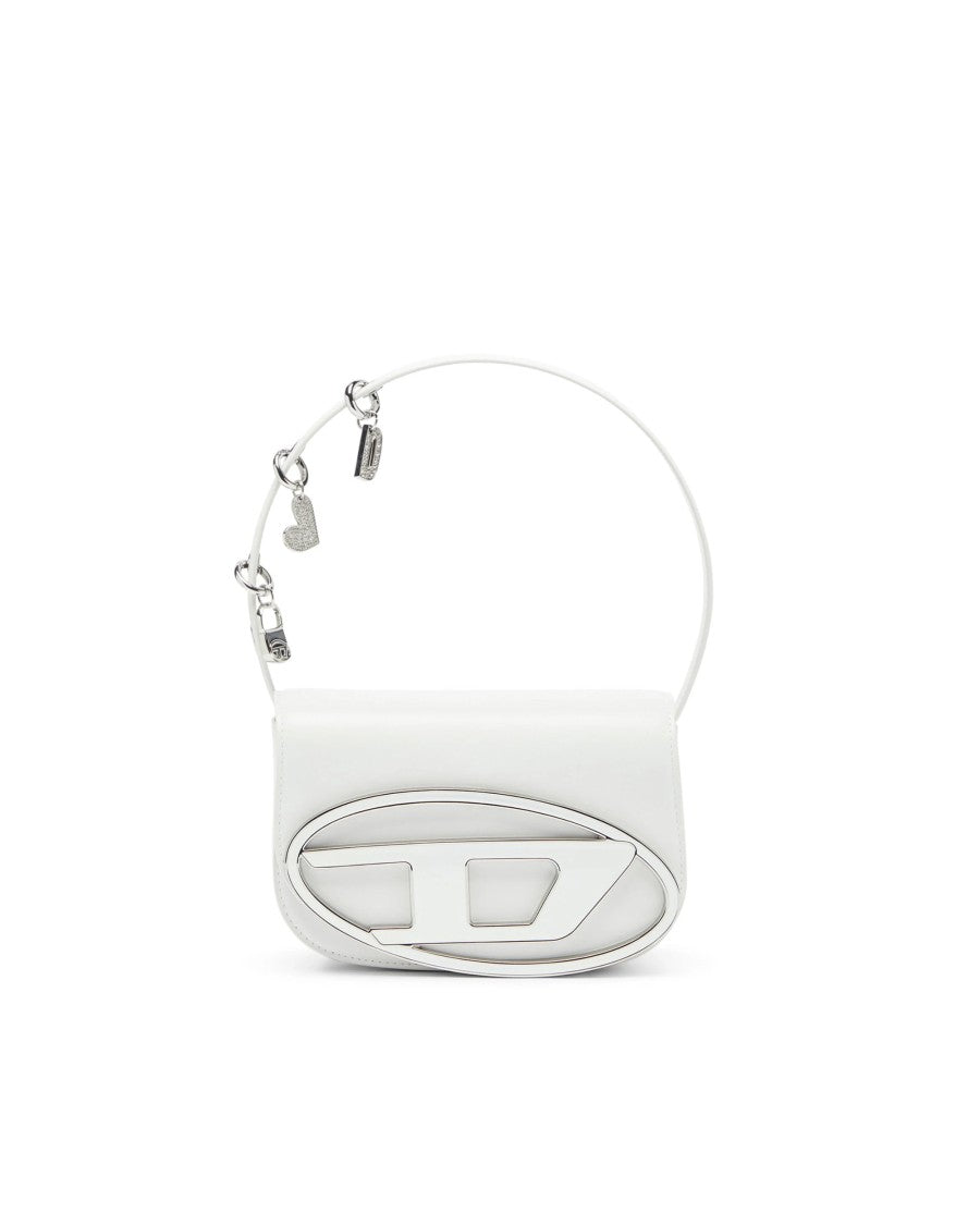 Diesel Structured White Leather Shoulder Bag With Flap Closure And Charms