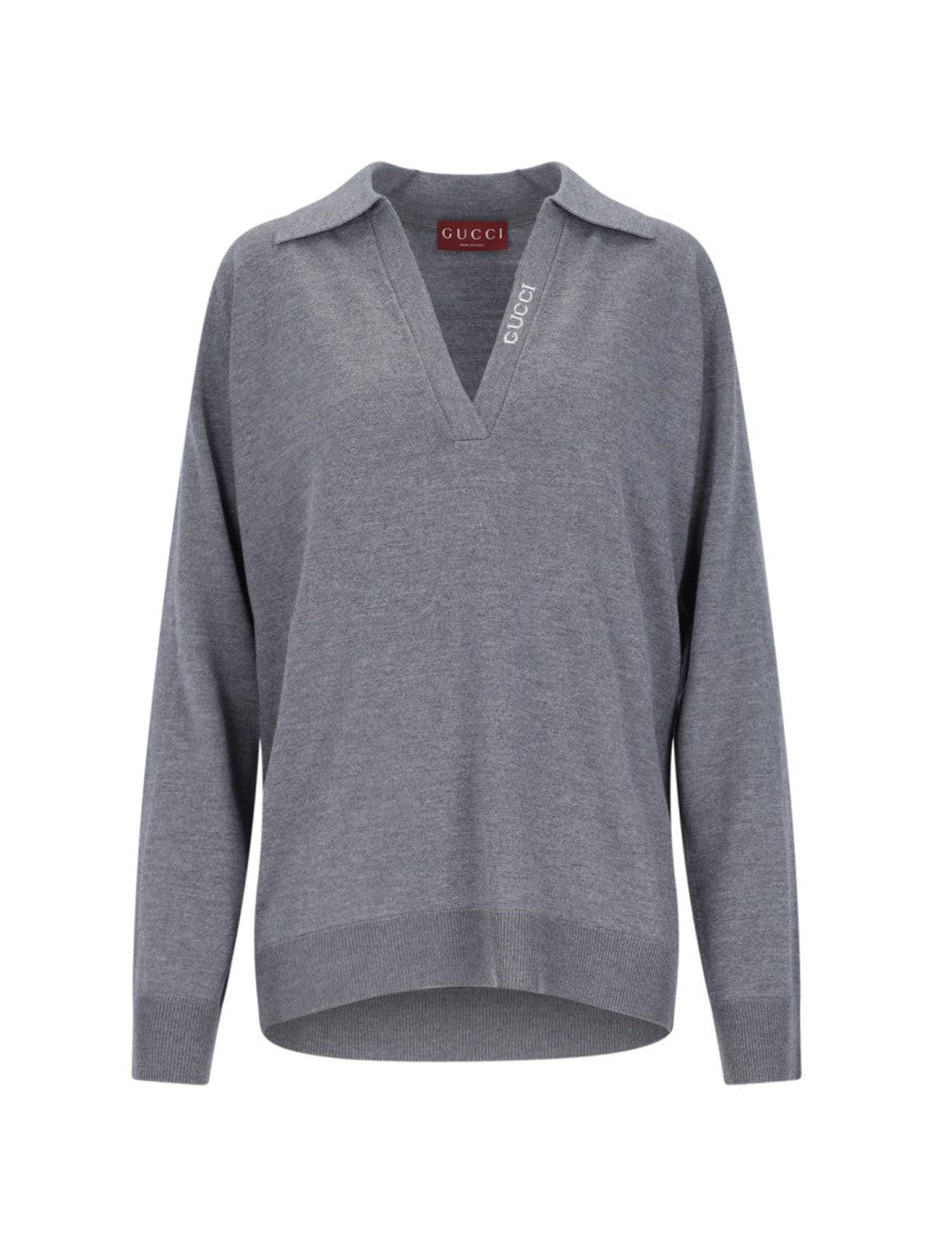 Gucci Deep V-Neck Knit Polo With Intarsia Logo Detail
