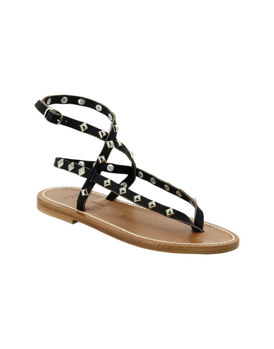 K Jacques St Tropez Strappy Black Leather Sandals With Metallic Studs