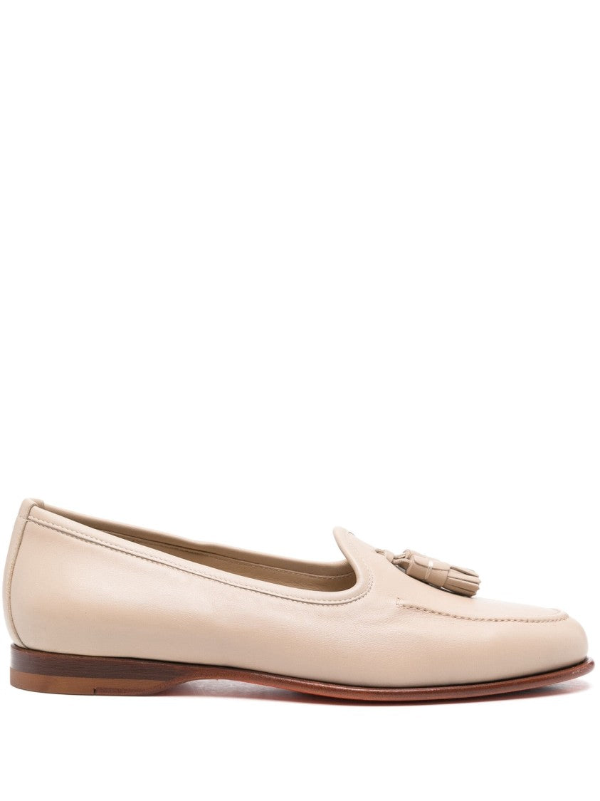 Santoni Beige Leather Tassel Loafers With Rubber Sole