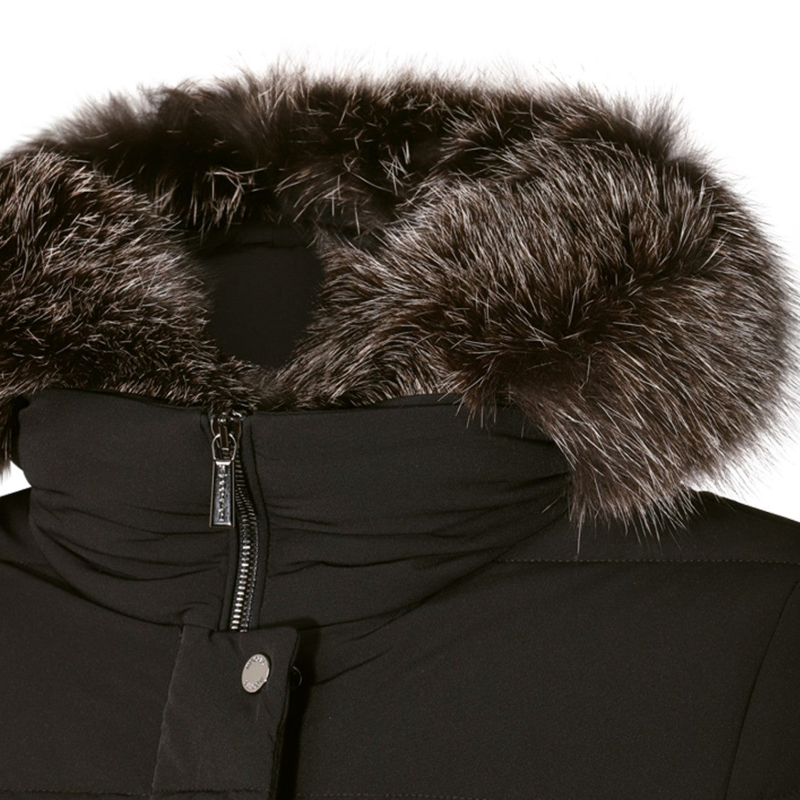 Moorer Quilted Black Down Jacket With Fur Trimmed Hood And Functional Fastenings