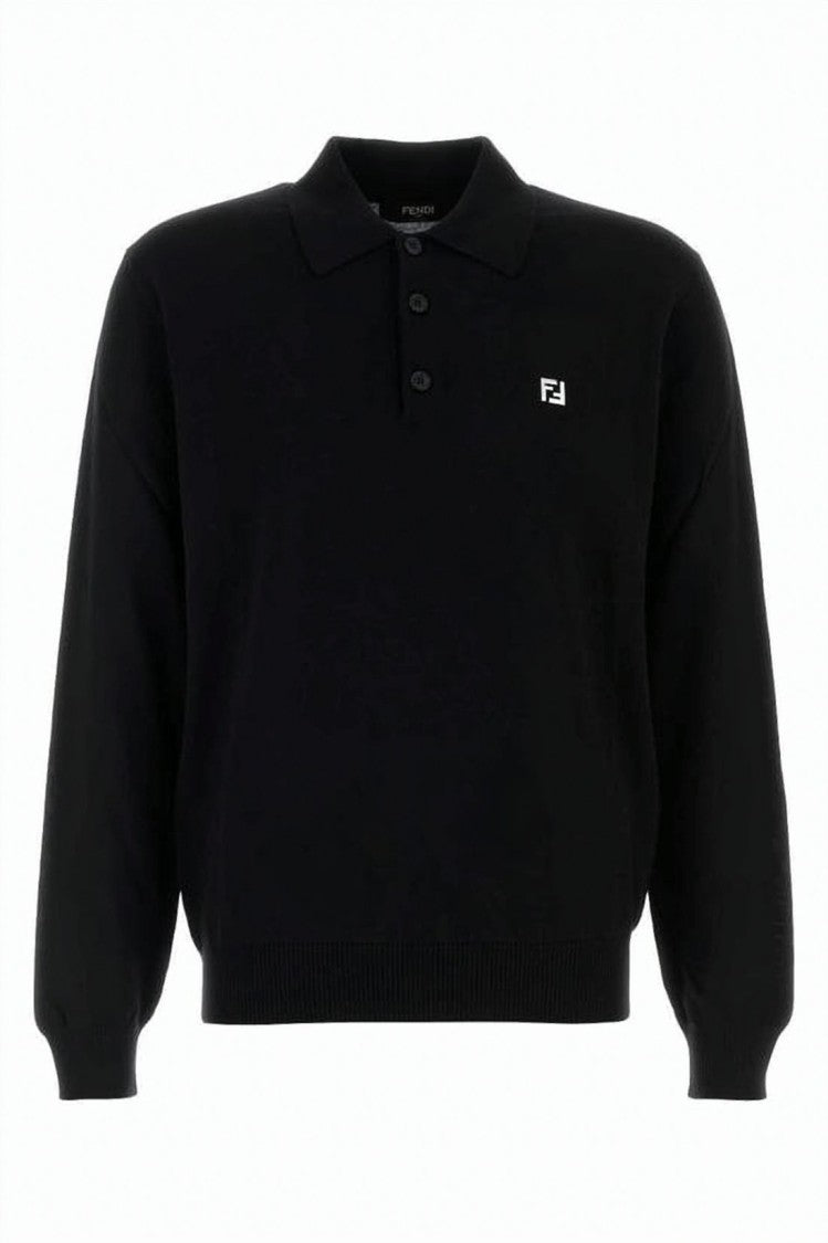Fendi Black Wool Polo Shirt With Classic Collar And Ribbed Details