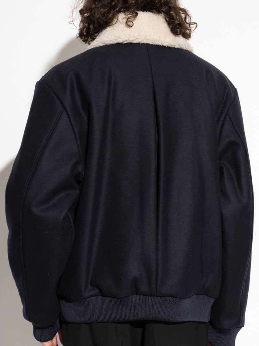 Balmain Navy Bomber Structured Shearling Jacket