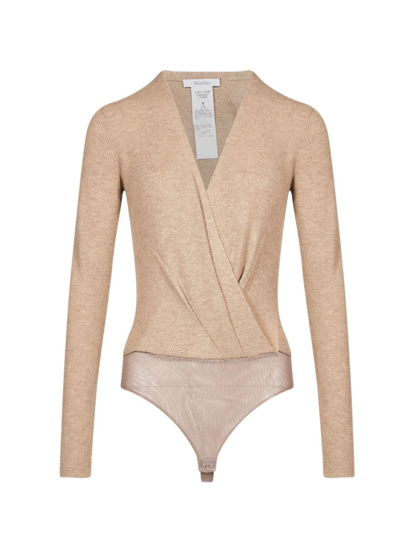 Max Mara Silk-Blend Wrap V-Neck Sheer Bodysuit