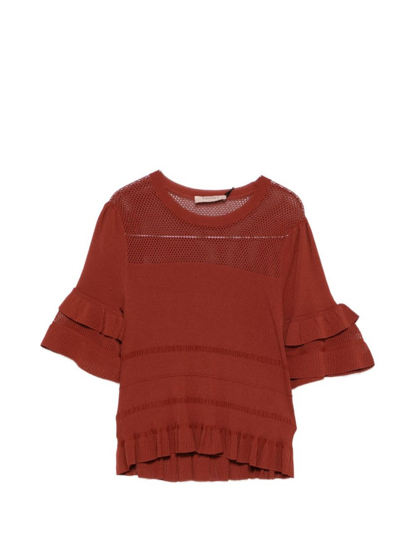 Twin-Set Henna Brown Knitted Ruffled Sweater