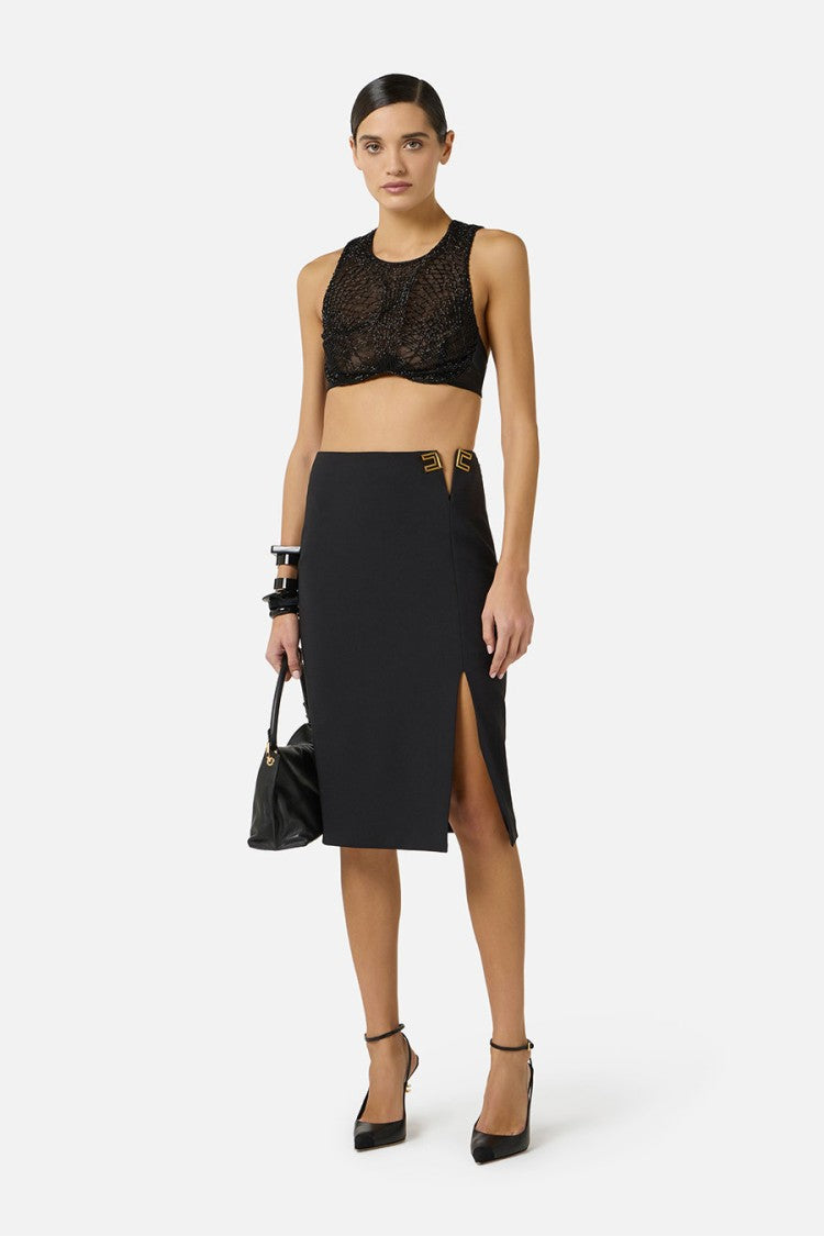 Elisabetta Franchi Black High-Waist V-Cut Logo Hardware Polyamide-Blend Pencil Skirt