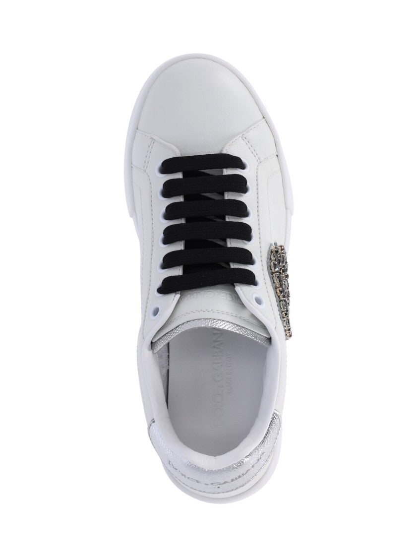 Dolce & Gabbana White Portofino Rhinestone Logo Leather Sneakers