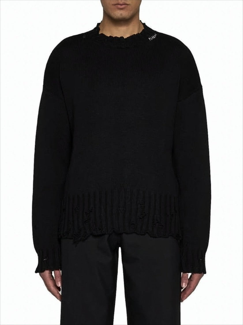 Marni Distressed Hem Black Knitted Sweater With Ribbed Neckline