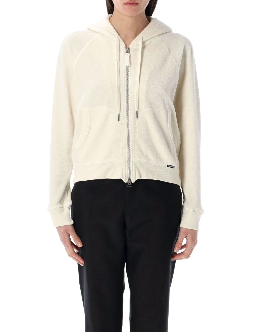 Tom Ford Ecru Towelling Zip Hoodie With Drawstring Hood