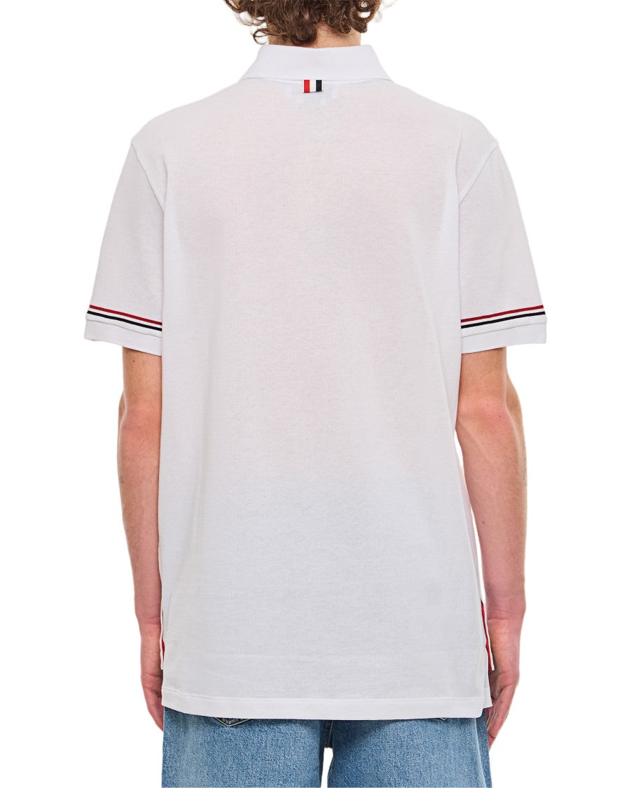 Thom Browne Ribbed Cuff Short Sleeve Polo Shirt With Button Closure