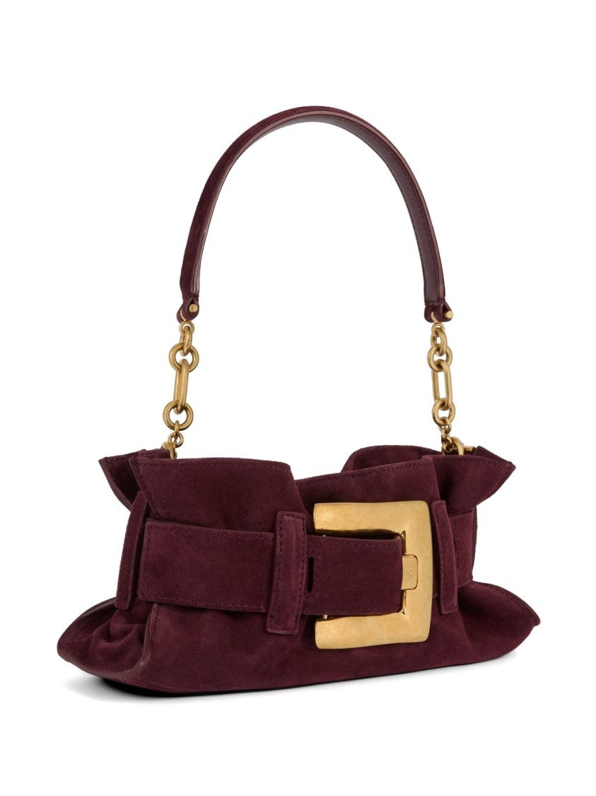 Balmain Burgundy Suede Shoulder Bag With Oversized Gold Buckle