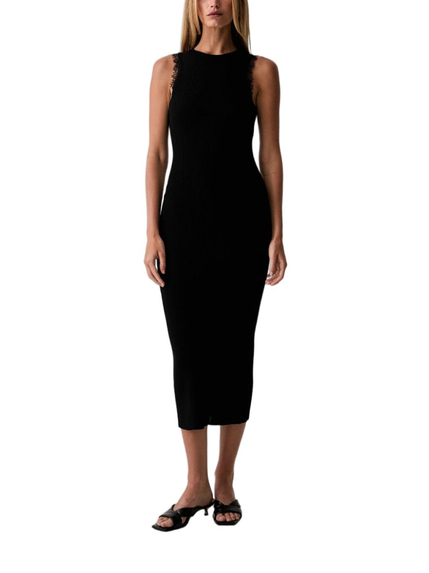 Twin-Set Lace Trim Textured Form-Fitting Midi Dress