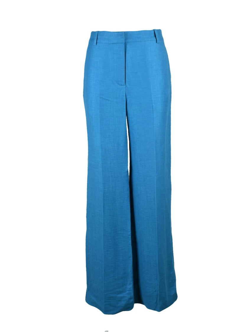 Kaos Turquoise Wide-Leg Viscose Linen Pants With High Waist And Textured Finish