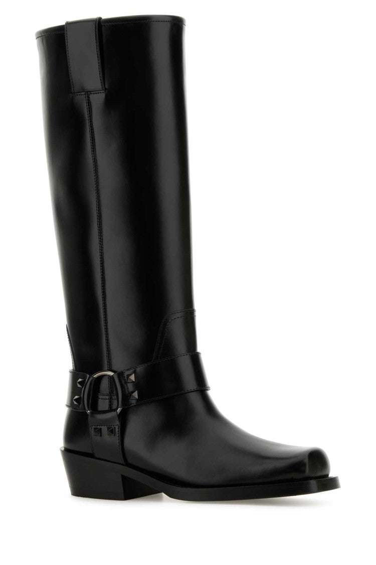 Valentino Garavani Black Leather Biker Rockstud Boots