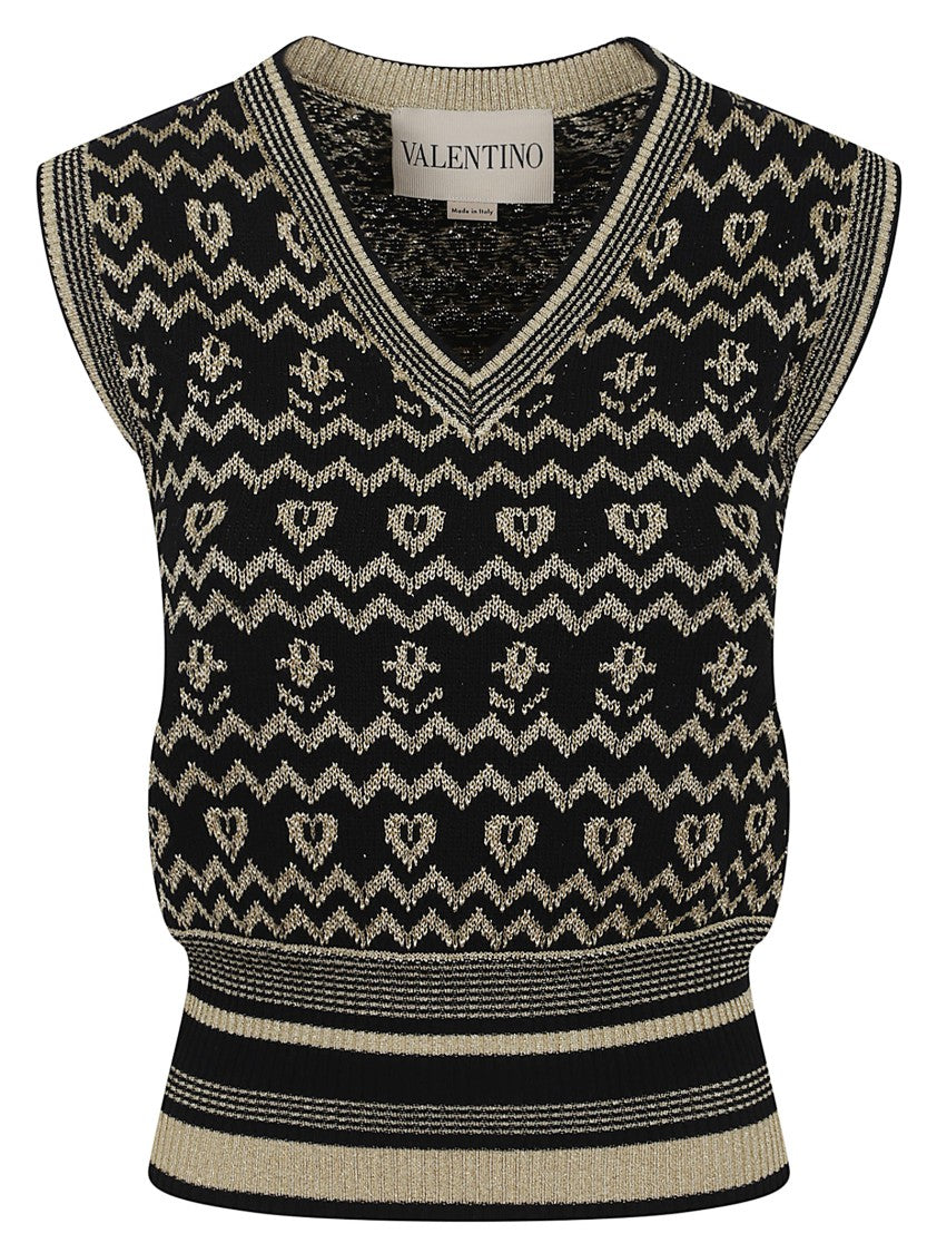 Valentino Garavani Wool Vest With V-Neck And Metallic Contrasts
