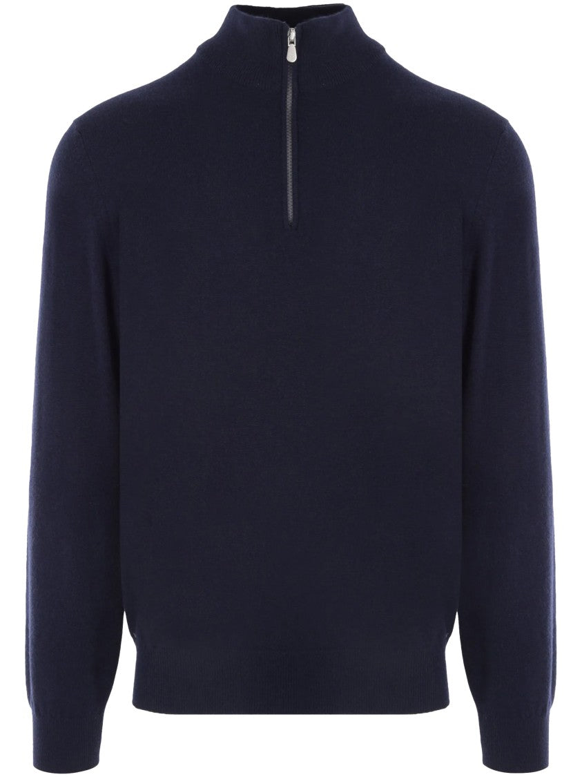 Brunello Cucinelli High Collar Half-Zip Knit Sweater With Ribbed Details