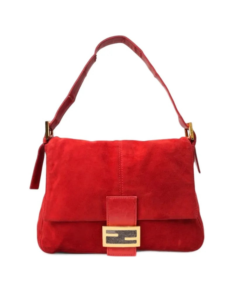 Fendi Mama Baguette Red Suede Shoulder Bag With Gold Accents