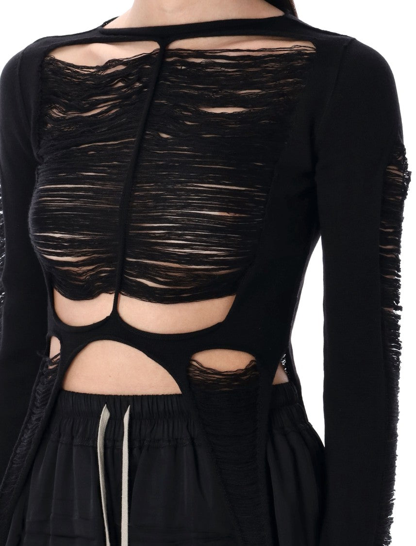 Rick Owens Rolled Neck Black Wool Tanja T Top With Shredded Design