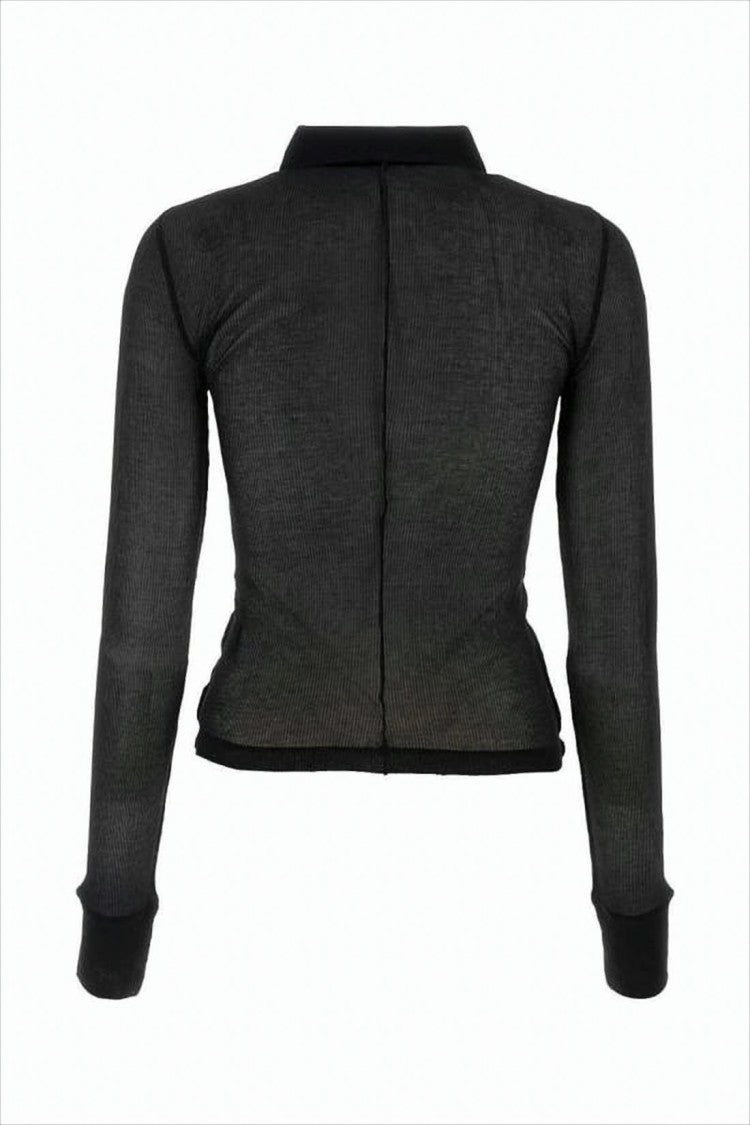 Helmut Lang Sheer Black Long-Sleeved Shirt With Scalloped Placket Detail