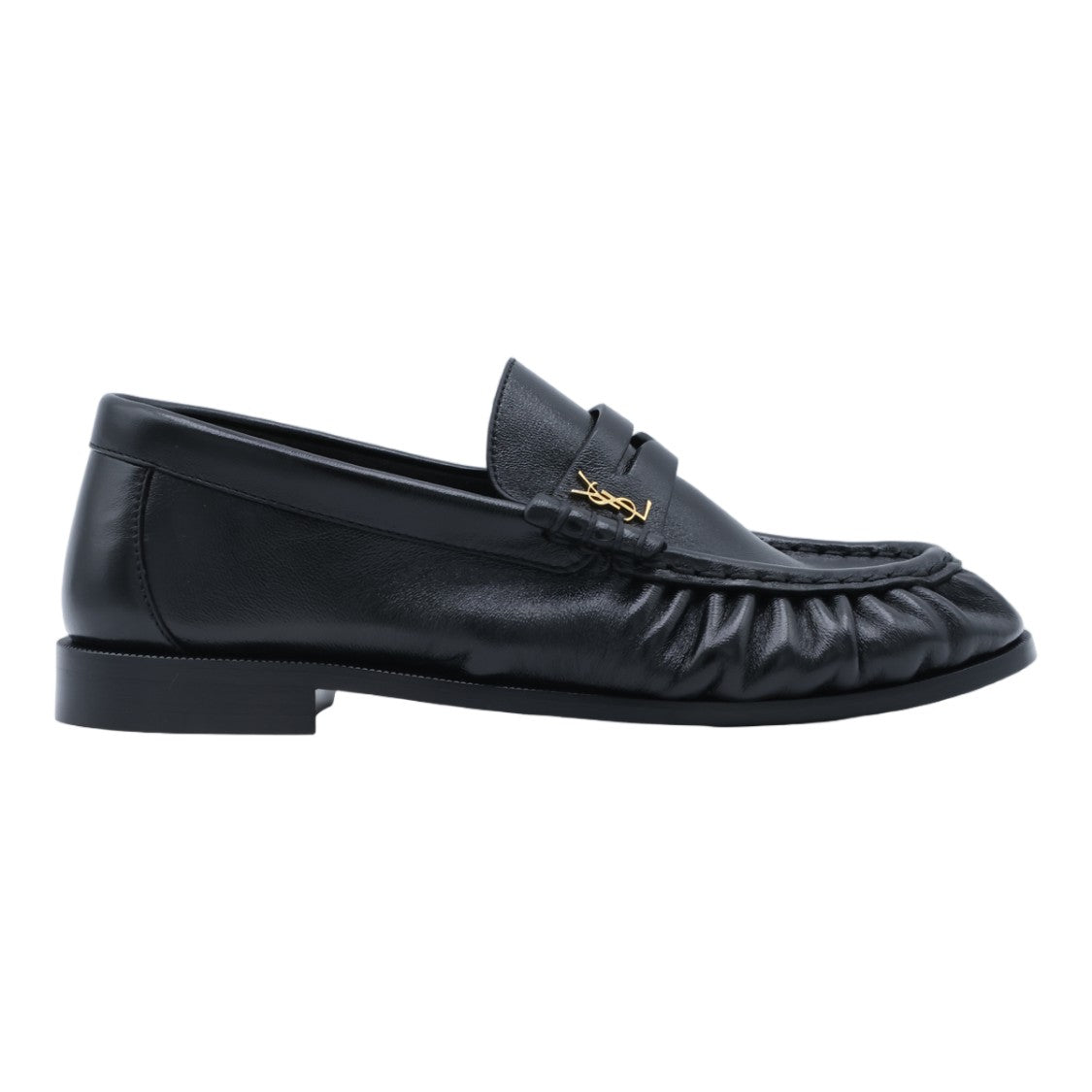 Saint Laurent Gathered Black Leather Flats With Gold-Tone Logo Detail